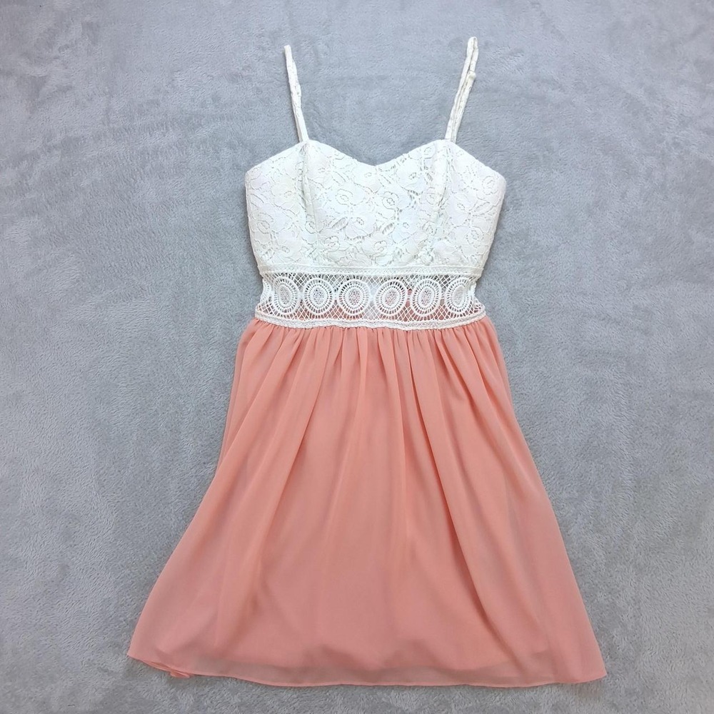 A. Byer Women Lace Chiffon Sundress Size 5 Pink White Spaghetti Strap Dress